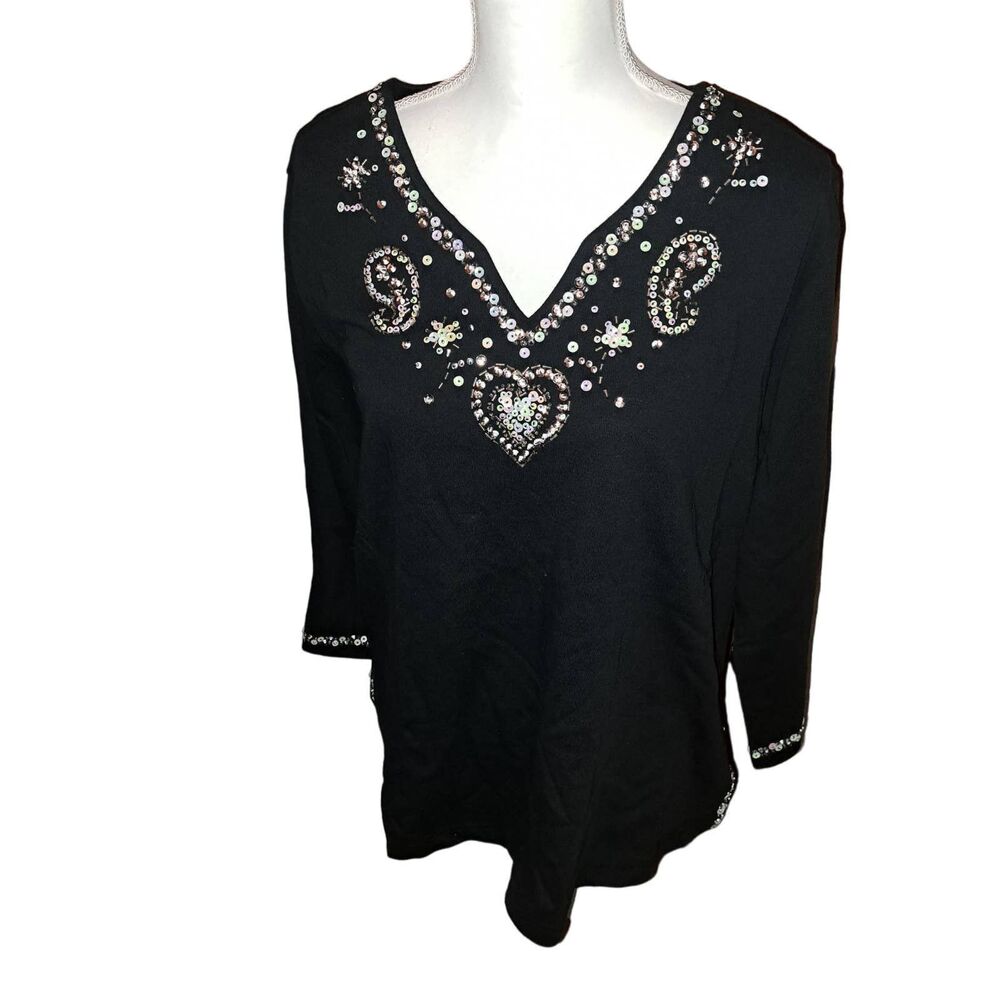 SALE!! NWT-Quacker Factory Black Heart Sequin/Bead Embellished T-Shirt XL